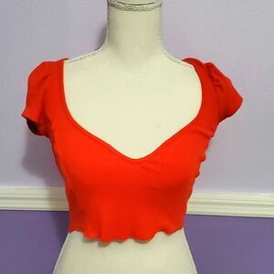 UO Orange Puff Sleeves School Girl Cropped Knit Top Athleisure Casual